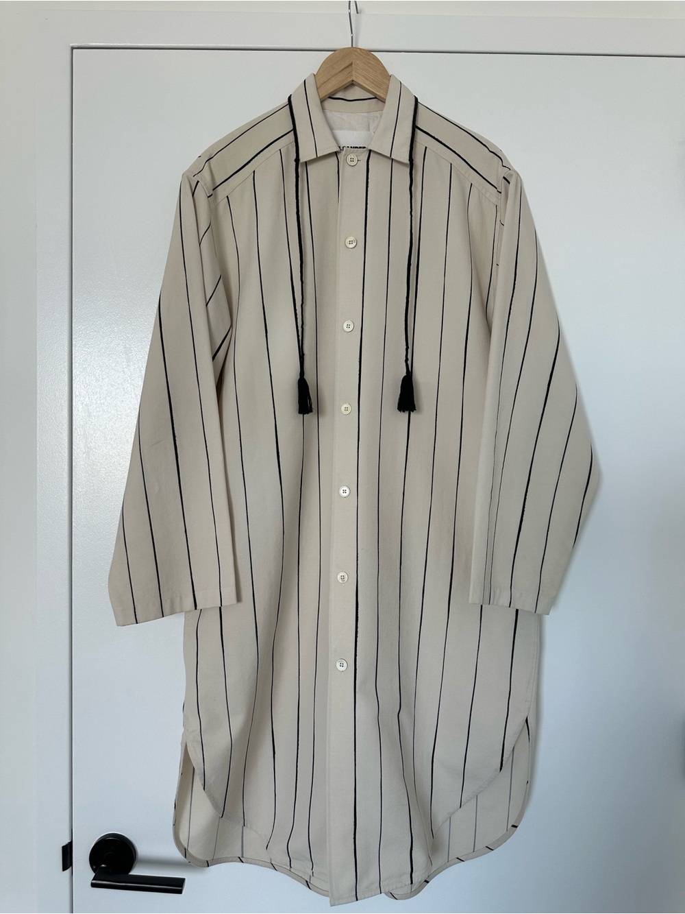 Jil Sander Cream Longline Button-Down Shirt with Black Stripes